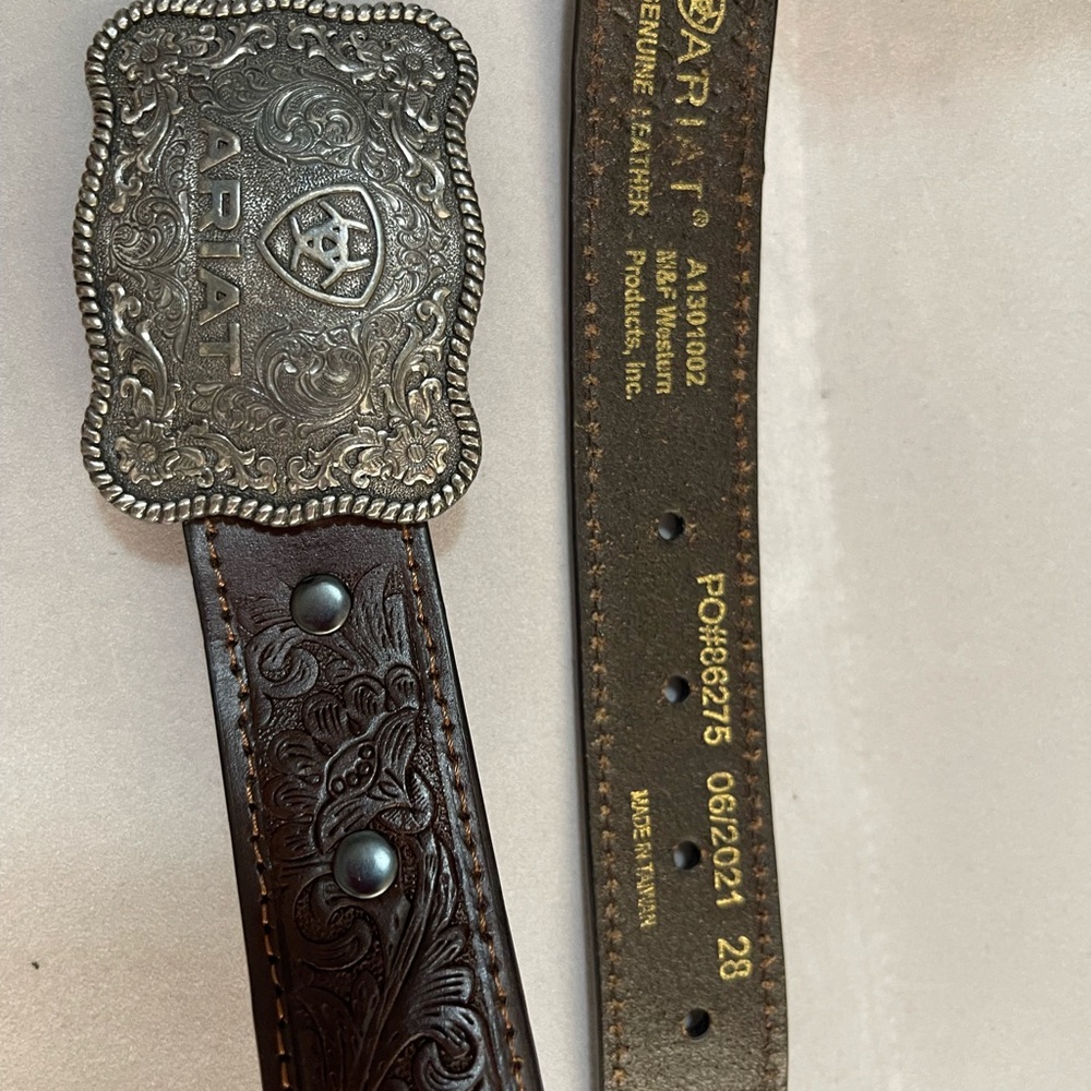 Ariat Dark Brown Leather Belt with Ornate Silver Buckle